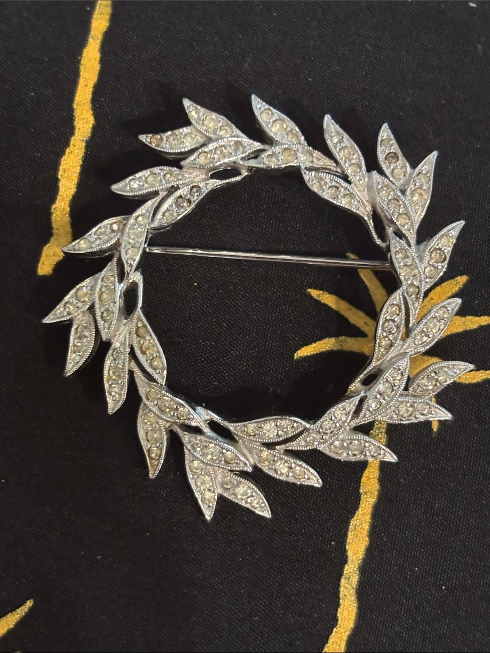 Antiqued Silver Leaf Wreath Brooch - Elegant Crystal Accent